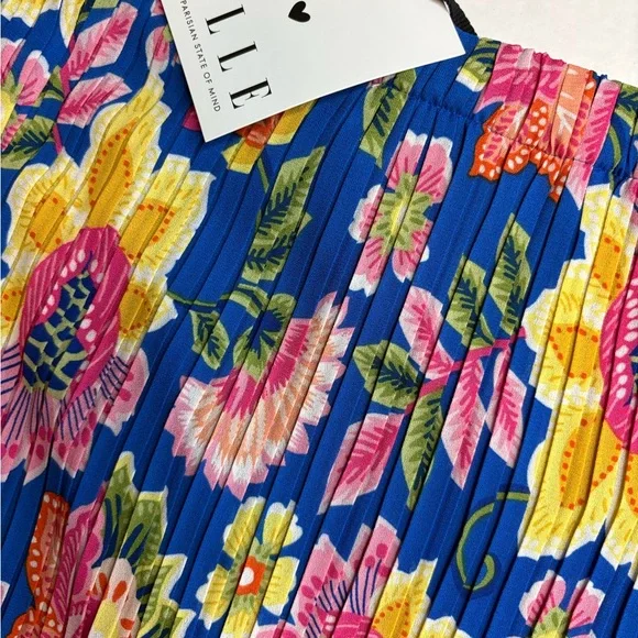 Elle Blue Floral Midi Skirt with Pink and Yellow Blooms - Picture 10 of 16